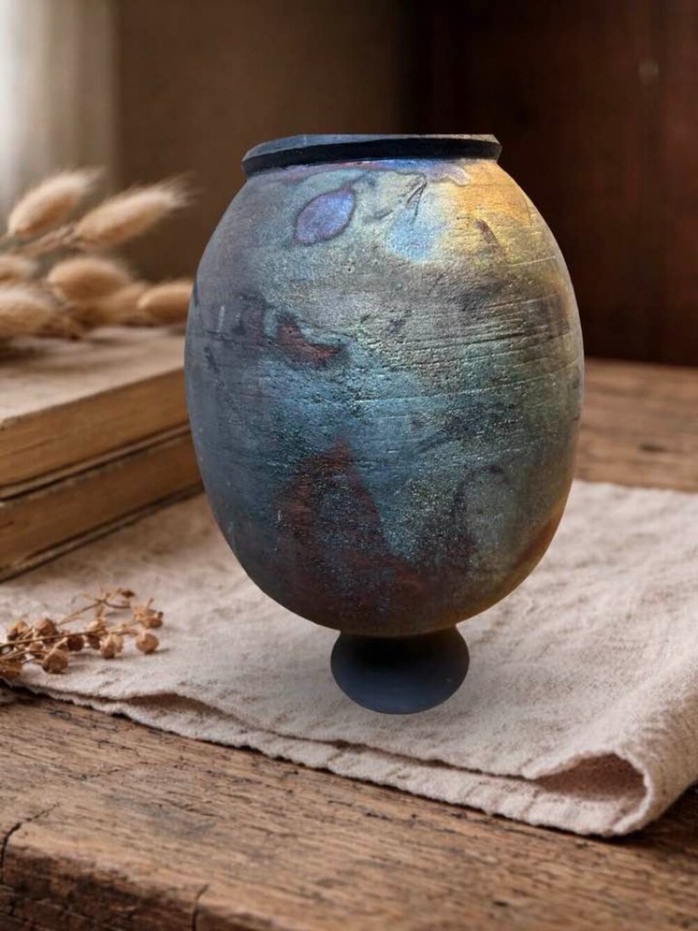 Handcrafted Raku Pottery Vase With Multicolor Iridescent Finish Unique Wabi Sabi - Picture 11 of 13